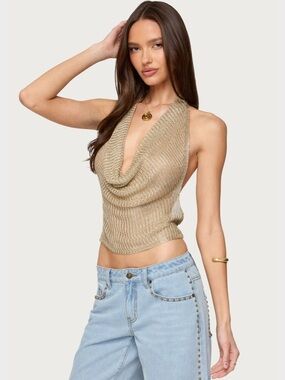 Edikted Metallic Gold Cowl Neck Knit Halter Tank